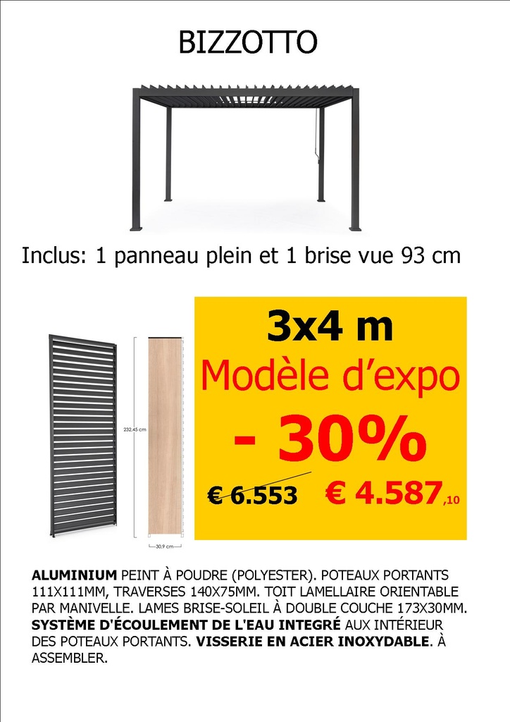 Pergola 4x3 m + 1 brise vue + 1 panneau plein imitation bois, modèle d'exposition