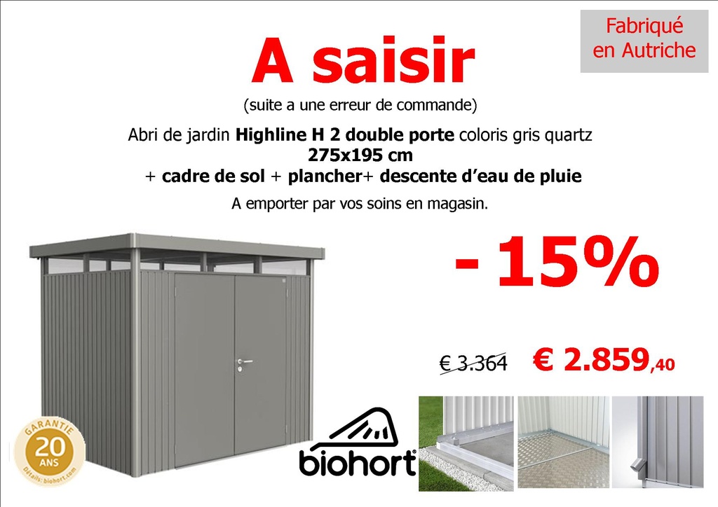 Abri Highline H2 double porte  coloris gris quartz + cadre de sol+ plancher+ descente d'eau de pluie