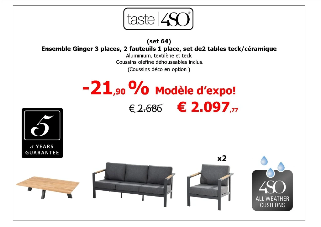 Ensemble Ginger 3 places + 2 fauteuil 1 place + 1 table basse