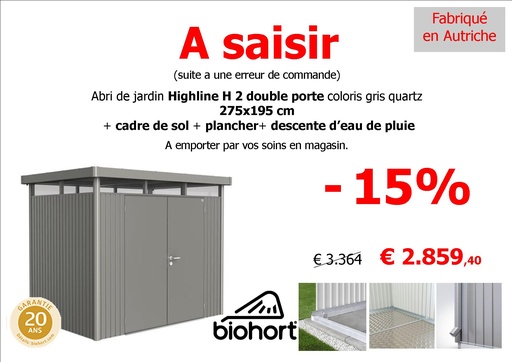 [275x195 cm] Abri Highline H2 double porte  coloris gris quartz + cadre de sol+ plancher+ descente d'eau de pluie